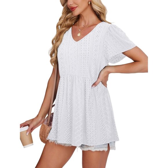 Womens Babydoll Top Polyester Short Sleeve V Neck Casual Dressy Summer - Picture 4 of 5